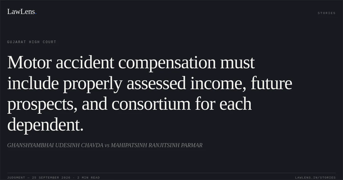 Motor accident compensation must include properly assessed income, future prospects, and consortium for each dependent.. GHANSHYAMBHAI UDESINH CHAVDA vs MAHIPATSINH RANJITSINH PARMAR. Gujarat High Court. LawLens