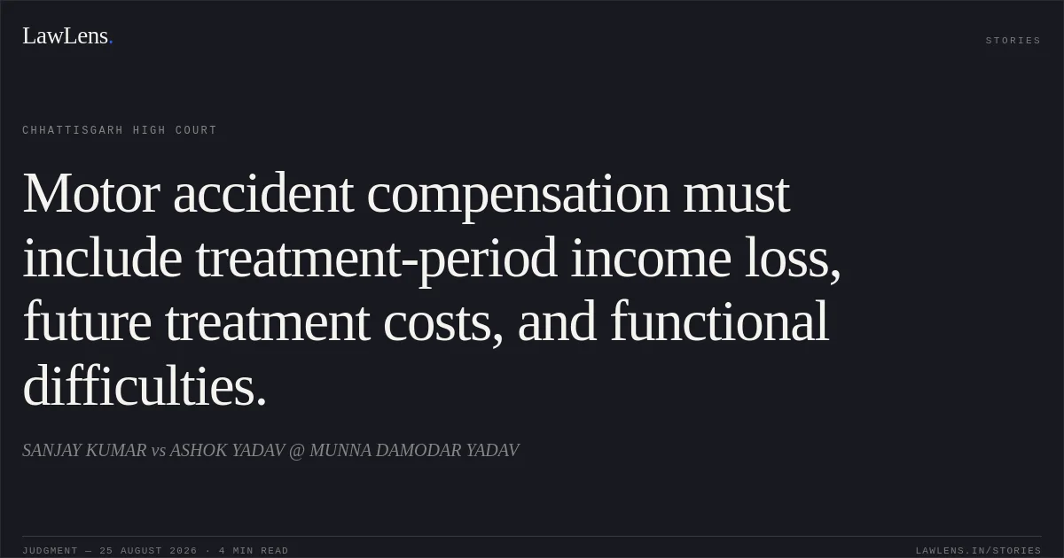 Motor accident compensation must include treatment-period income loss, future treatment costs, and functional difficulties.. SANJAY KUMAR vs ASHOK YADAV @ MUNNA DAMODAR YADAV. Chhattisgarh High Court. LawLens