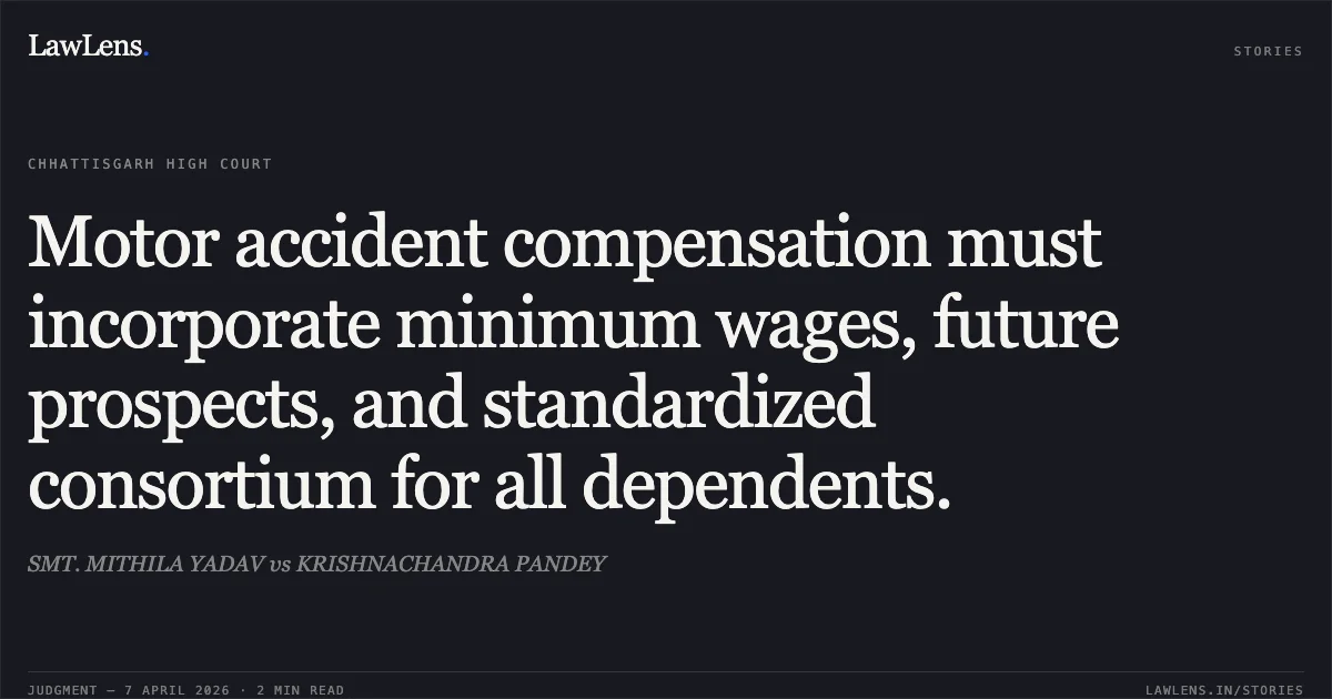 Motor accident compensation must incorporate minimum wages, future prospects, and standardized consortium for all dependents.. SMT. MITHILA YADAV vs KRISHNACHANDRA PANDEY. Chhattisgarh High Court. LawLens