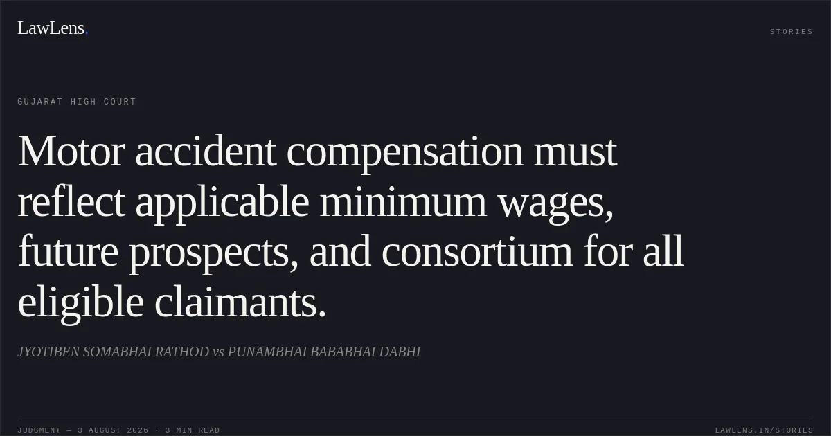 Motor accident compensation must reflect applicable minimum wages, future prospects, and consortium for all eligible claimants.. JYOTIBEN SOMABHAI RATHOD vs PUNAMBHAI BABABHAI DABHI. Gujarat High Court. LawLens