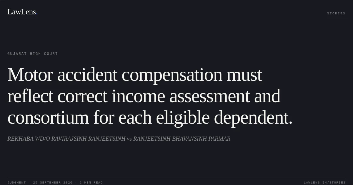 Motor accident compensation must reflect correct income assessment and consortium for each eligible dependent.. REKHABA WD/O RAVIRAJSINH RANJEETSINH vs RANJEETSINH BHAVANSINH PARMAR. Gujarat High Court. LawLens