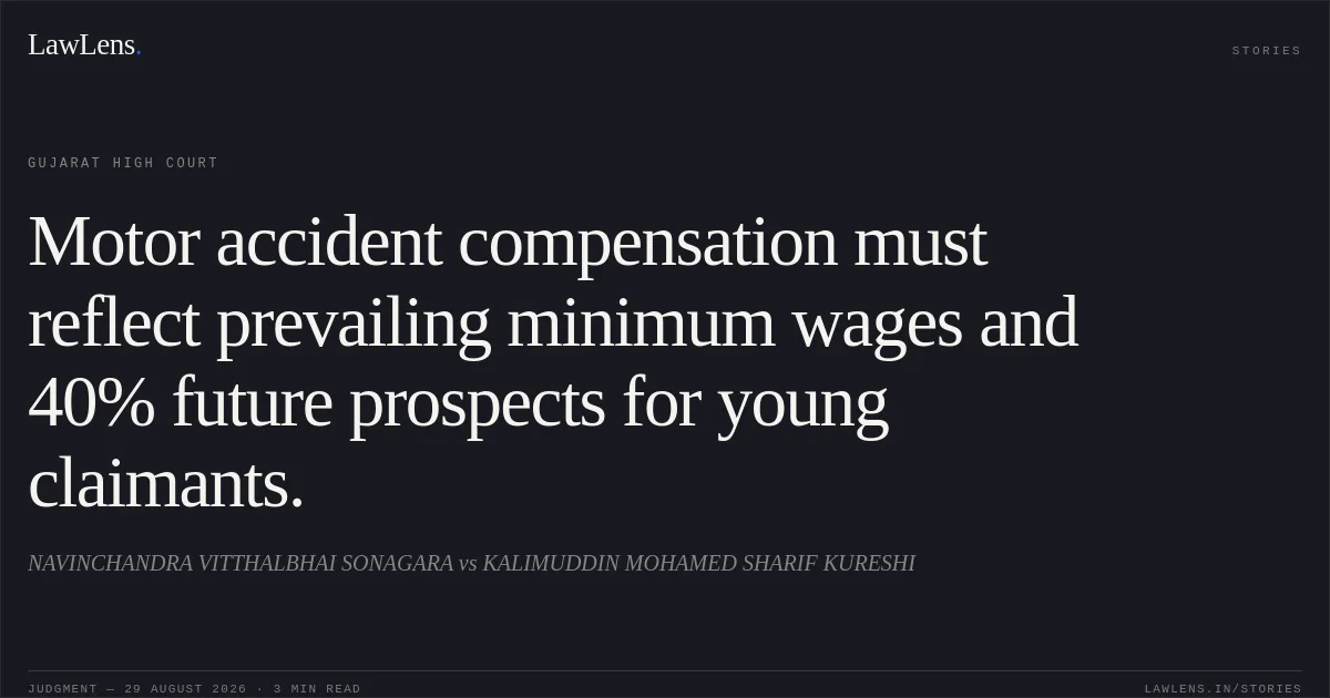 Motor accident compensation must reflect prevailing minimum wages and 40% future prospects for young claimants.. NAVINCHANDRA VITTHALBHAI SONAGARA vs KALIMUDDIN MOHAMED SHARIF KURESHI. Gujarat High Court. LawLens