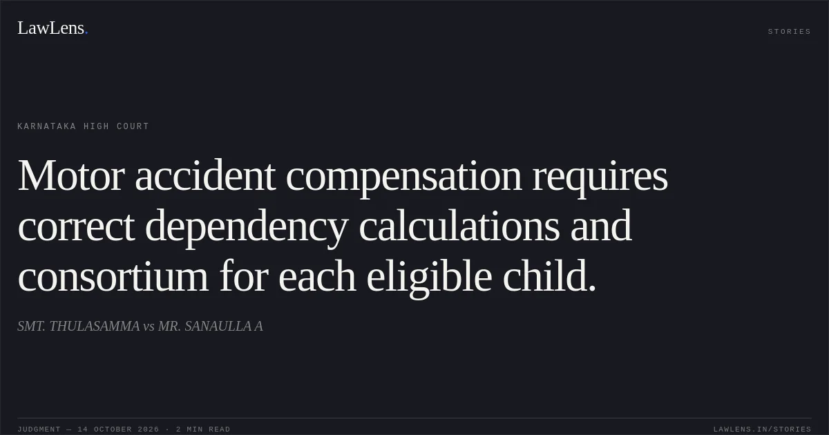 Motor accident compensation requires correct dependency calculations and consortium for each eligible child.. SMT. THULASAMMA vs MR. SANAULLA A. Karnataka High Court. LawLens