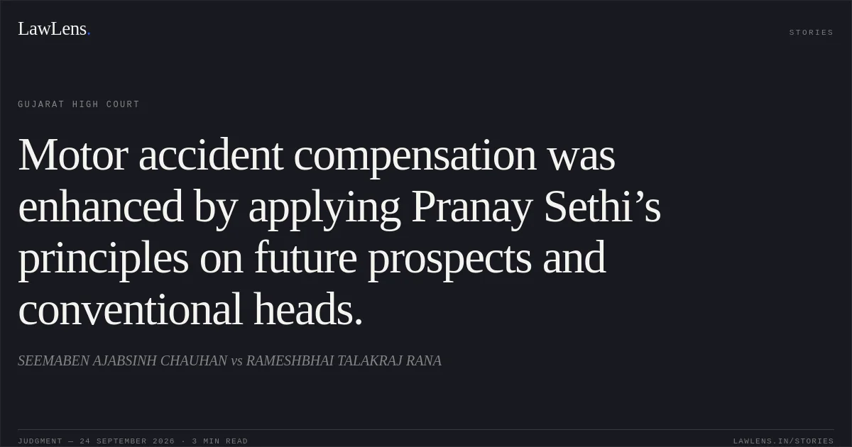 Motor accident compensation was enhanced by applying Pranay Sethi’s principles on future prospects and conventional heads.. SEEMABEN AJABSINH CHAUHAN vs RAMESHBHAI TALAKRAJ RANA. Gujarat High Court. LawLens
