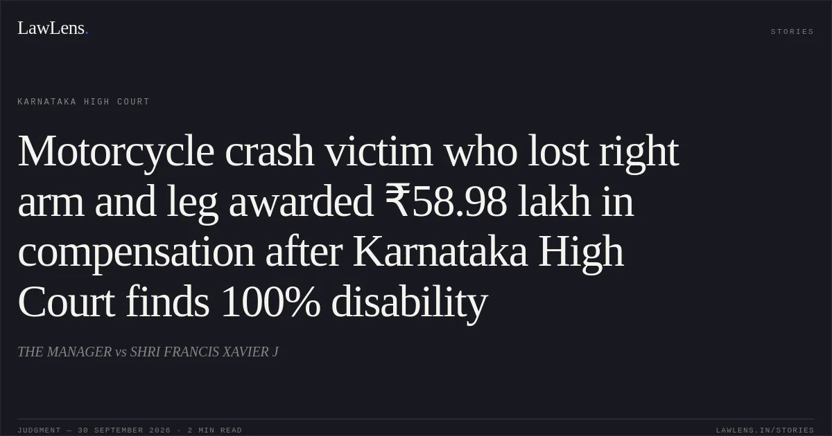 Motorcycle crash victim who lost right arm and leg awarded ₹58.98 lakh in compensation after Karnataka High Court finds 100% disability. THE MANAGER vs SHRI FRANCIS XAVIER J. Karnataka High Court. LawLens