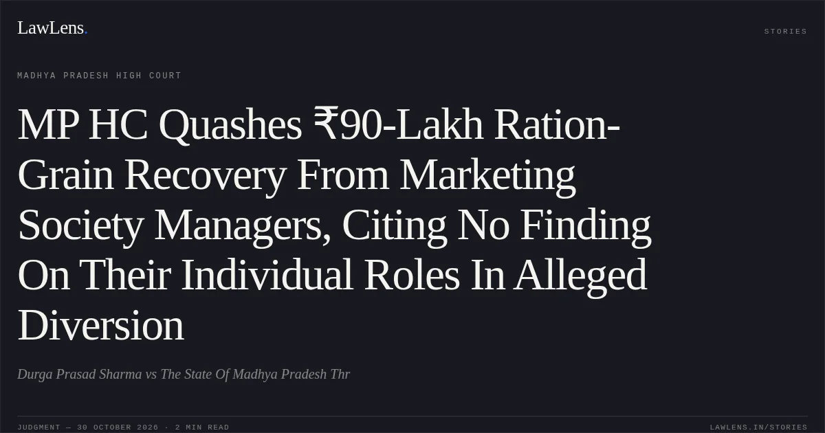 MP HC Quashes ₹90-Lakh Ration-Grain Recovery From Marketing Society Managers, Citing No Finding On Their Individual Roles In Alleged Diversion. Durga Prasad Sharma vs The State Of Madhya Pradesh Thr. Madhya Pradesh High Court. LawLens