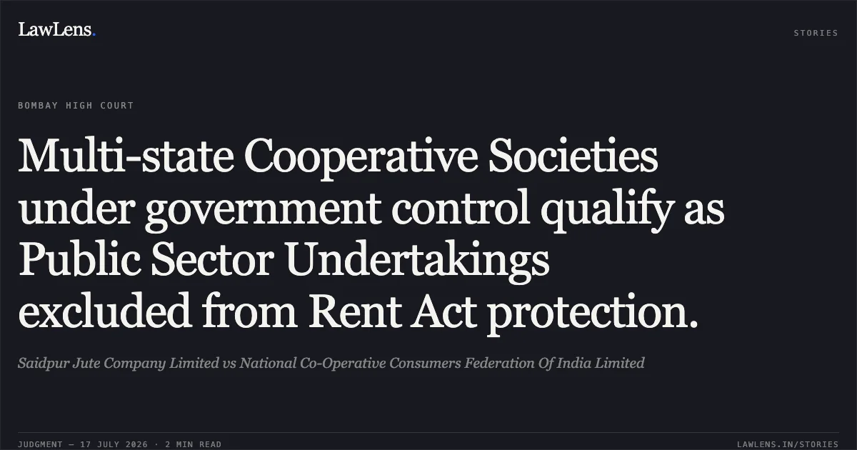 Multi-state Cooperative Societies under government control qualify as Public Sector Undertakings excluded from Rent Act protection.. Saidpur Jute Company Limited vs National Co-Operative Consumers Federation Of India Limited. Bombay High Court. LawLens