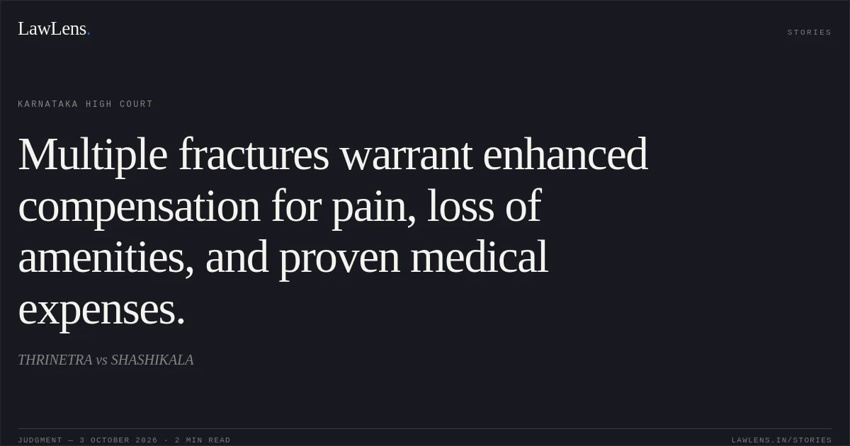 Multiple fractures warrant enhanced compensation for pain, loss of amenities, and proven medical expenses.. THRINETRA vs SHASHIKALA. Karnataka High Court. LawLens
