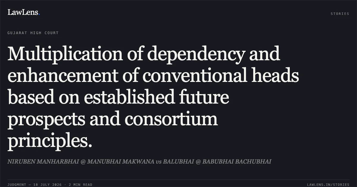 Multiplication of dependency and enhancement of conventional heads based on established future prospects and consortium principles.. NIRUBEN MANHARBHAI @ MANUBHAI MAKWANA vs BALUBHAI @ BABUBHAI BACHUBHAI. Gujarat High Court. LawLens
