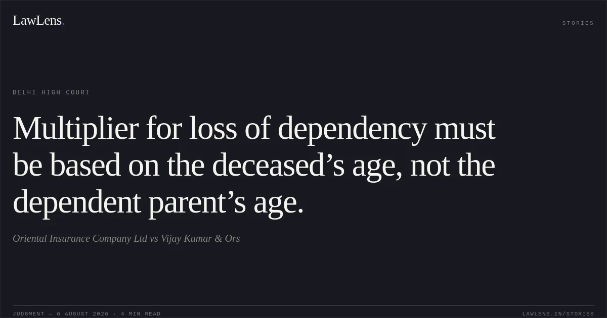 Multiplier for loss of dependency must be based on the deceased’s age, not the dependent parent’s age.. Oriental Insurance Company Ltd vs Vijay Kumar & Ors. Delhi High Court. LawLens