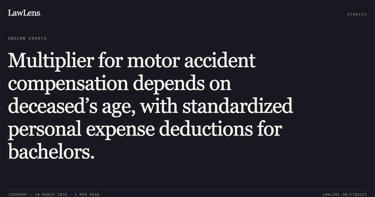 Multiplier for motor accident compensation depends on deceased’s age, with standardized personal expense deductions for bachelors.. Oriental Insurance Co. Ltd vs Ful Kuwar Devi & Ors. Delhi High Court. LawLens