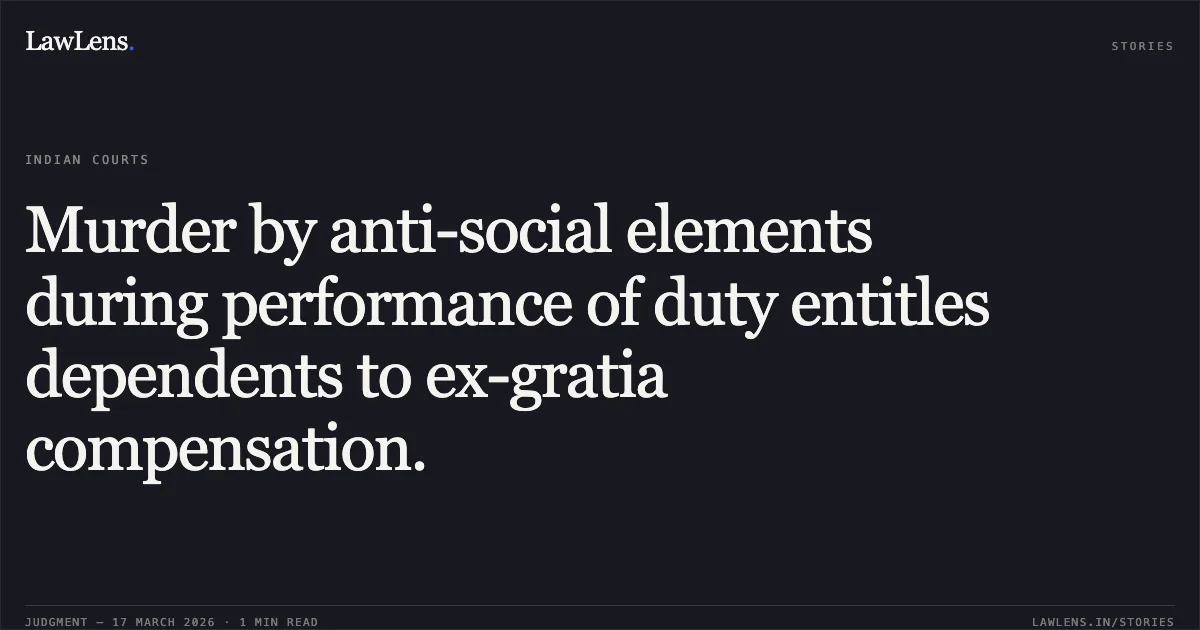Murder by anti-social elements during performance of duty entitles dependents to ex-gratia compensation.. PRIYANKA GAUR vs NORTH CENTRAL RAILWAY. Central Administrative Tribunal. LawLens