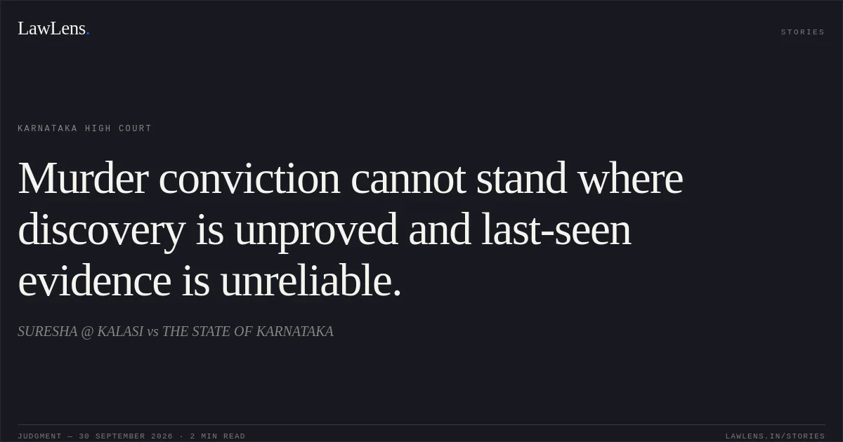 Murder conviction cannot stand where discovery is unproved and last-seen evidence is unreliable.. SURESHA @ KALASI vs THE STATE OF KARNATAKA. Karnataka High Court. LawLens