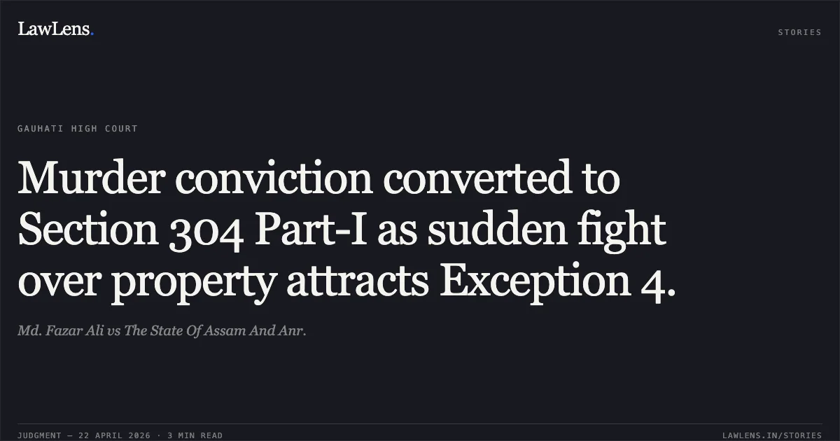 Murder conviction converted to Section 304 Part-I as sudden fight over property attracts Exception 4.. Md. Fazar Ali vs The State Of Assam And Anr.. Gauhati High Court. LawLens