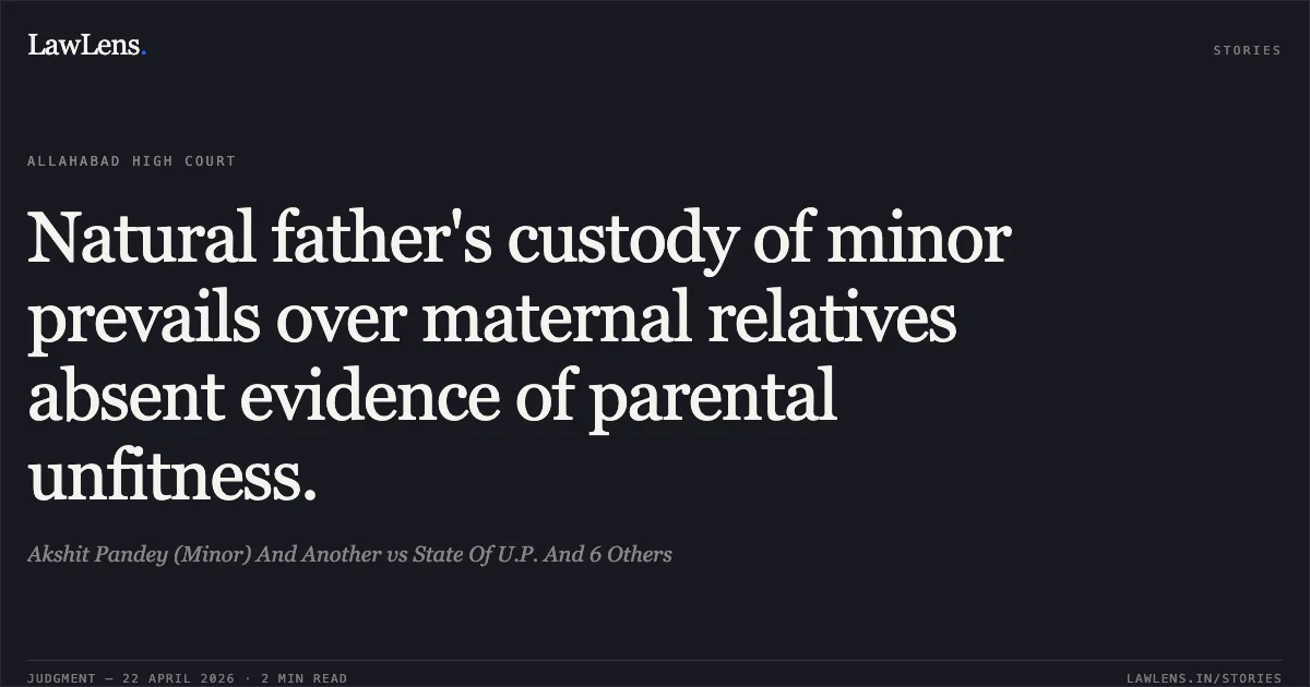 Natural father's custody of minor prevails over maternal relatives absent evidence of parental unfitness.. Akshit Pandey (Minor) And Another vs State Of U.P. And 6 Others. Allahabad High Court. LawLens