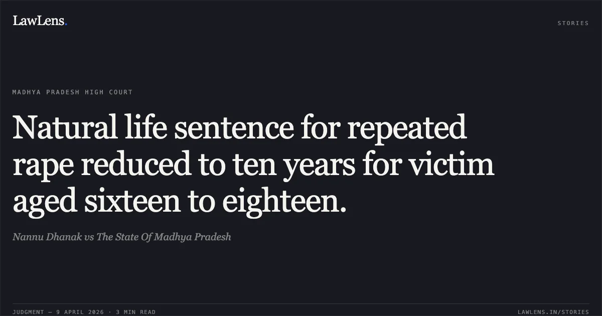 Natural life sentence for repeated rape reduced to ten years for victim aged sixteen to eighteen.. Nannu Dhanak vs The State Of Madhya Pradesh. Madhya Pradesh High Court. LawLens