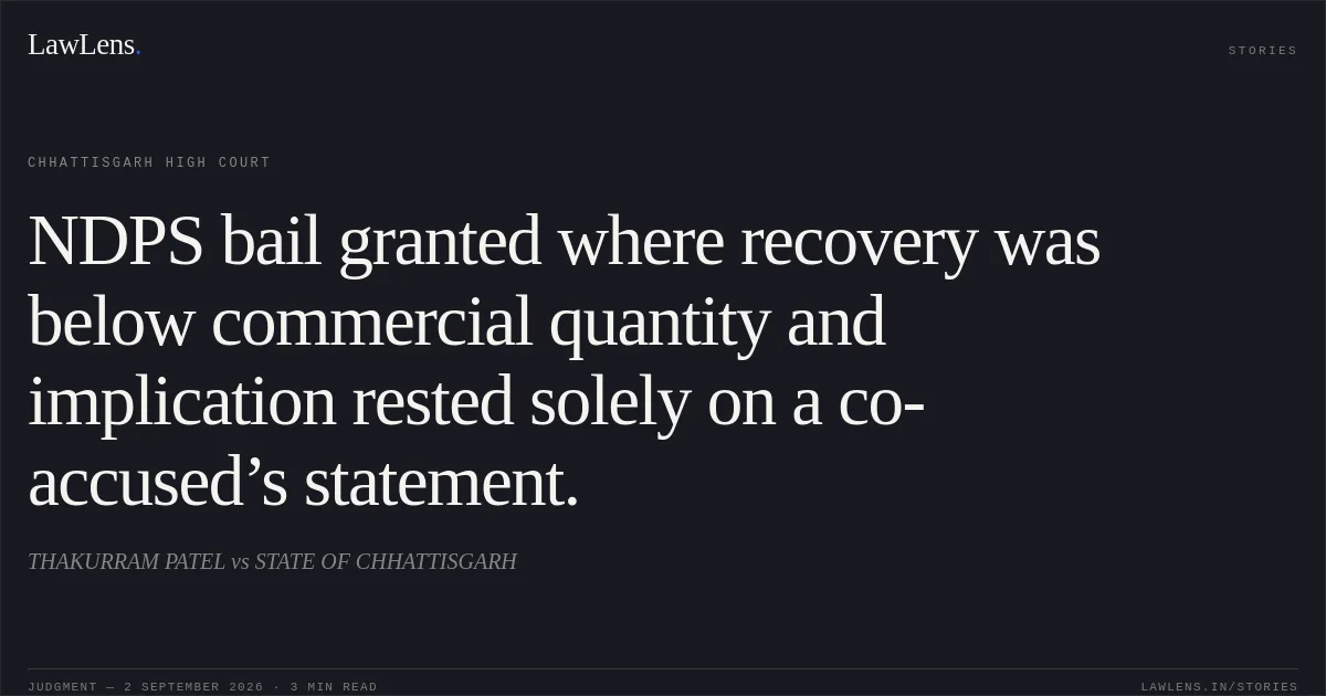 NDPS bail granted where recovery was below commercial quantity and implication rested solely on a co-accused’s statement.. THAKURRAM PATEL vs STATE OF CHHATTISGARH. Chhattisgarh High Court. LawLens