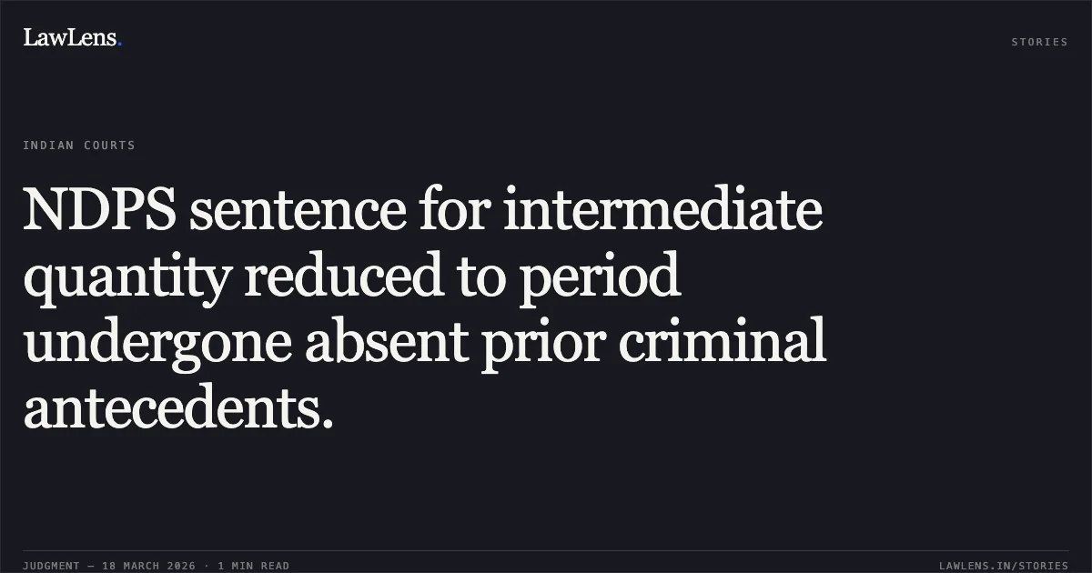 NDPS sentence for intermediate quantity reduced to period undergone absent prior criminal antecedents.. Prakash Ahirwar(In Jail) vs State Of Chhattisgarh. Chhattisgarh High Court. LawLens