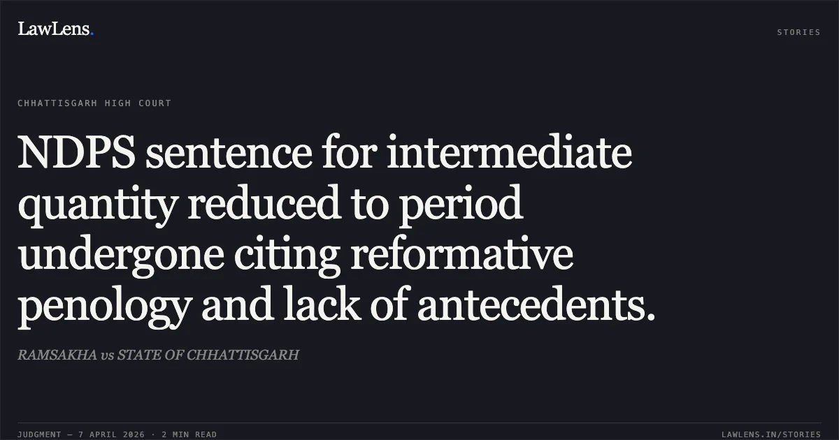 NDPS sentence for intermediate quantity reduced to period undergone citing reformative penology and lack of antecedents.. RAMSAKHA vs STATE OF CHHATTISGARH. Chhattisgarh High Court. LawLens