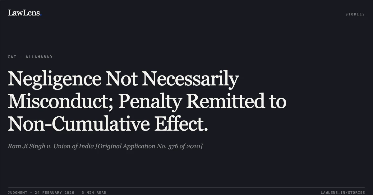 Negligence Not Necessarily Misconduct; Penalty Remitted to Non-Cumulative Effect.. Ram Ji Singh v. Union of India [Original Application No. 576 of 2010]. Central Administrative Tribunal. LawLens