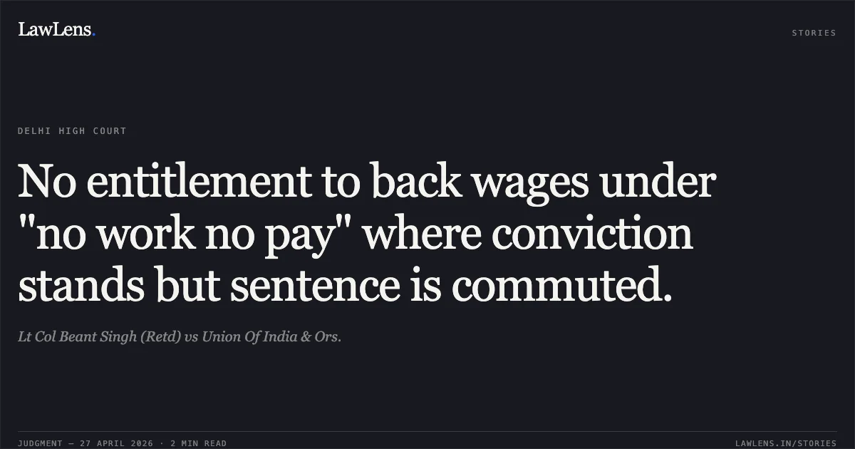 No entitlement to back wages under "no work no pay" where conviction stands but sentence is commuted.. Lt Col Beant Singh (Retd) vs Union Of India & Ors.. Delhi High Court. LawLens