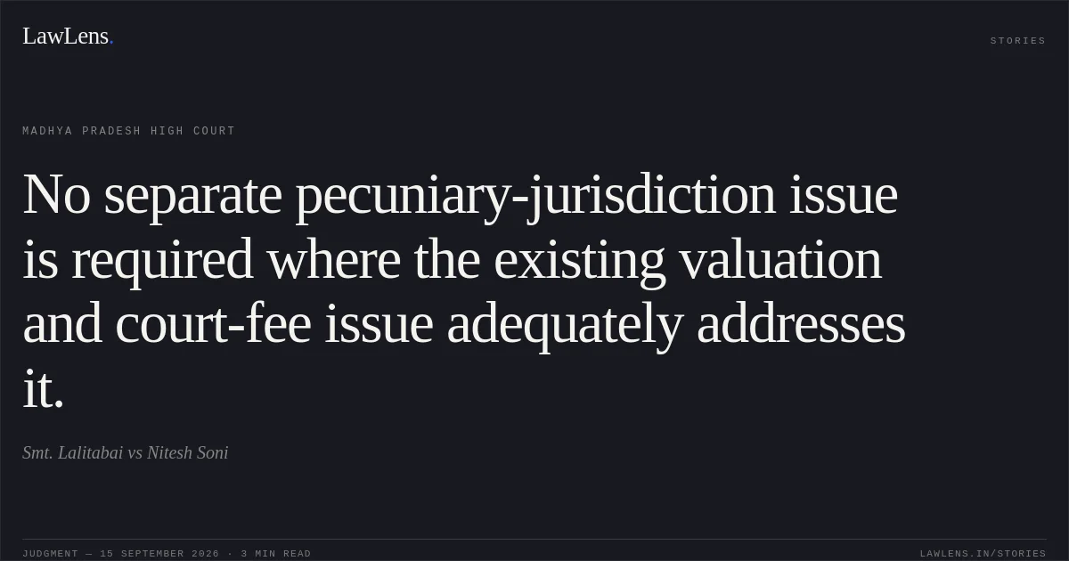 No separate pecuniary-jurisdiction issue is required where the existing valuation and court-fee issue adequately addresses it.. Smt. Lalitabai vs Nitesh Soni. Madhya Pradesh High Court. LawLens