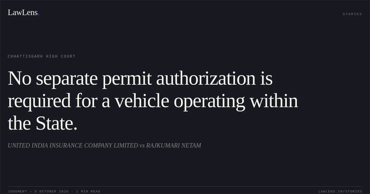 No separate permit authorization is required for a vehicle operating within the State.. UNITED INDIA INSURANCE COMPANY LIMITED vs RAJKUMARI NETAM. Chhattisgarh High Court. LawLens