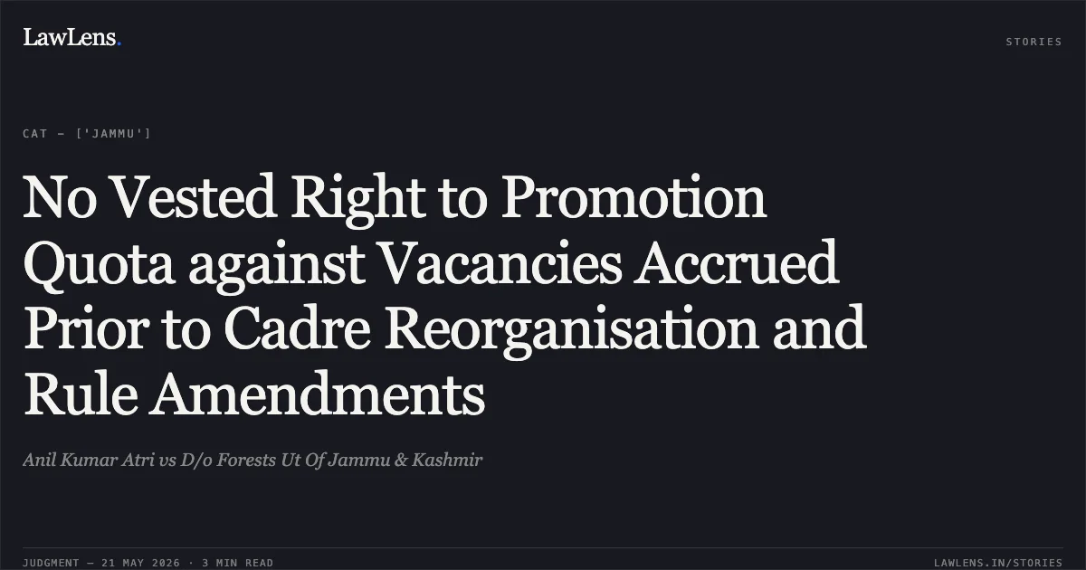 No Vested Right to Promotion Quota against Vacancies Accrued Prior to Cadre Reorganisation and Rule Amendments. Anil Kumar Atri vs D/o Forests Ut Of Jammu & Kashmir. Central Administrative Tribunal. LawLens