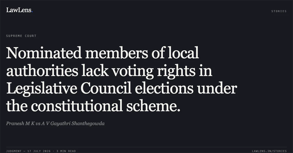 Nominated members of local authorities lack voting rights in Legislative Council elections under the constitutional scheme.. Pranesh M K vs A V Gayathri Shanthegowda. Supreme Court. LawLens