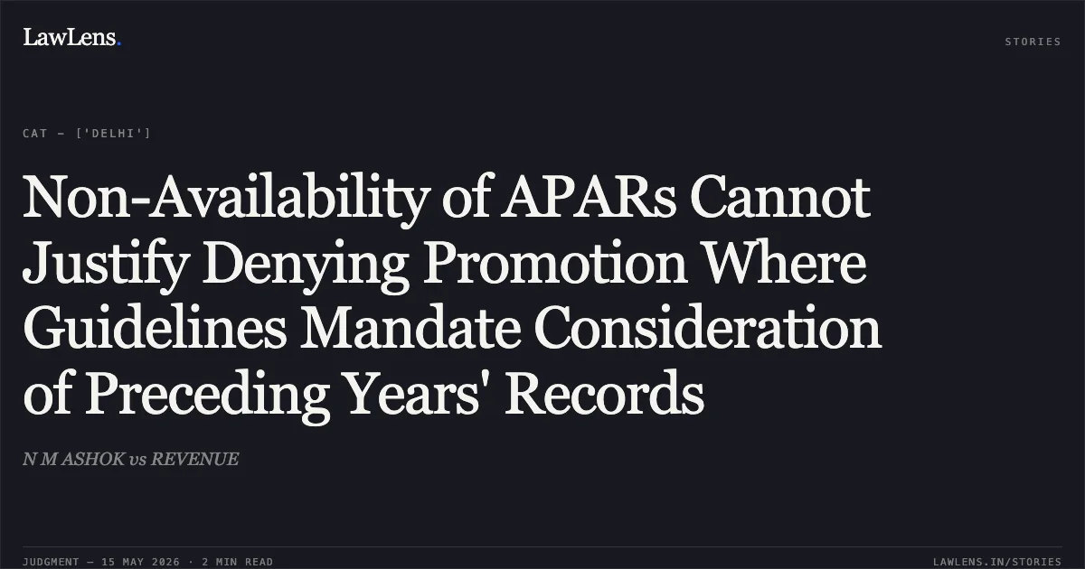Non-Availability of APARs Cannot Justify Denying Promotion Where Guidelines Mandate Consideration of Preceding Years' Records. N M ASHOK vs REVENUE. Central Administrative Tribunal. LawLens