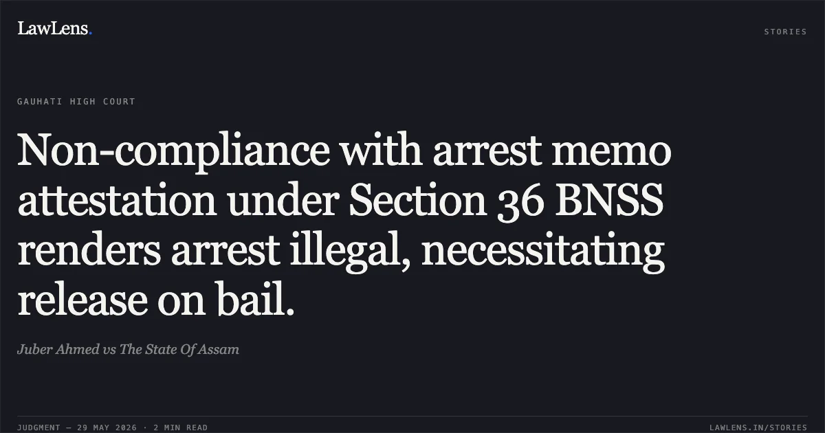 Non-compliance with arrest memo attestation under Section 36 BNSS renders arrest illegal, necessitating release on bail.. Juber Ahmed vs The State Of Assam. Gauhati High Court. LawLens