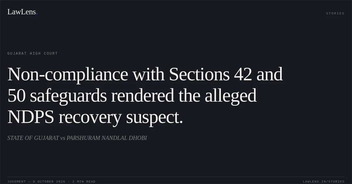 Non-compliance with Sections 42 and 50 safeguards rendered the alleged NDPS recovery suspect.. STATE OF GUJARAT vs PARSHURAM NANDLAL DHOBI. Gujarat High Court. LawLens
