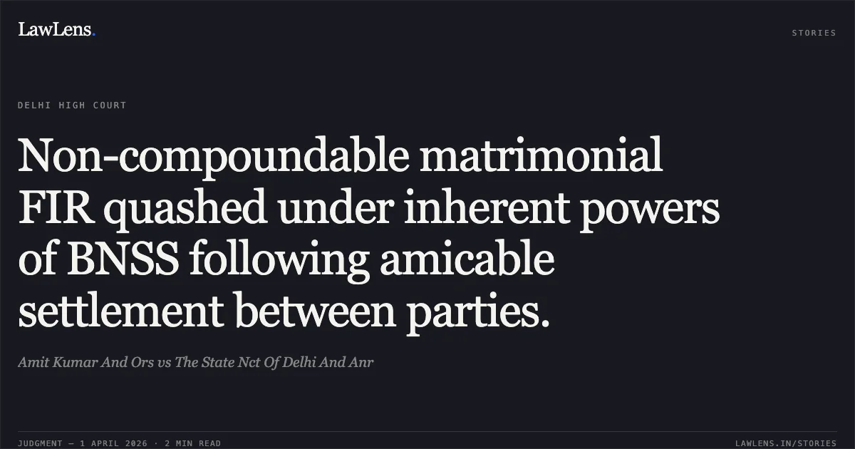 Non-compoundable matrimonial FIR quashed under inherent powers of BNSS following amicable settlement between parties.. Amit Kumar And Ors vs The State Nct Of Delhi And Anr. Delhi High Court. LawLens