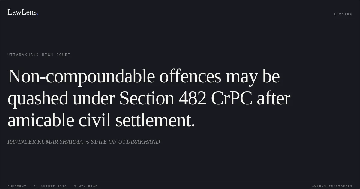 Non-compoundable offences may be quashed under Section 482 CrPC after amicable civil settlement.. RAVINDER KUMAR SHARMA vs STATE OF UTTARAKHAND. Uttarakhand High Court. LawLens