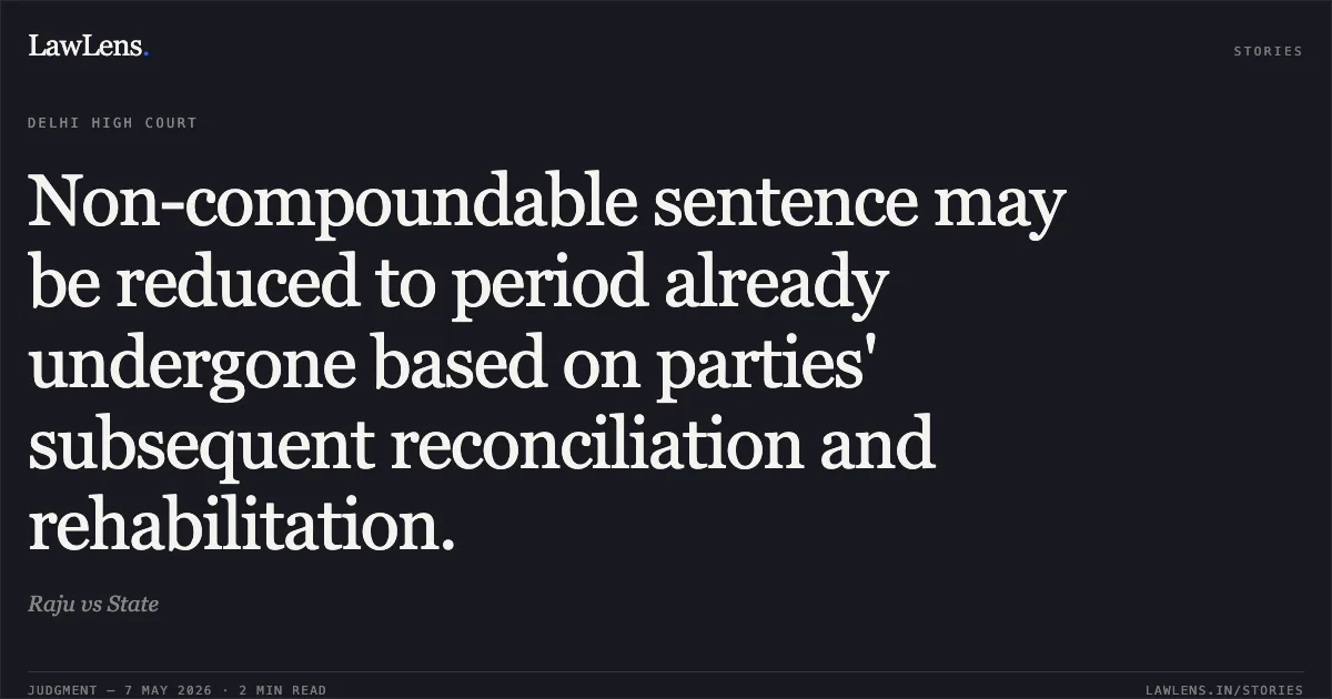 Non-compoundable sentence may be reduced to period already undergone based on parties' subsequent reconciliation and rehabilitation.. Raju vs State. Delhi High Court. LawLens