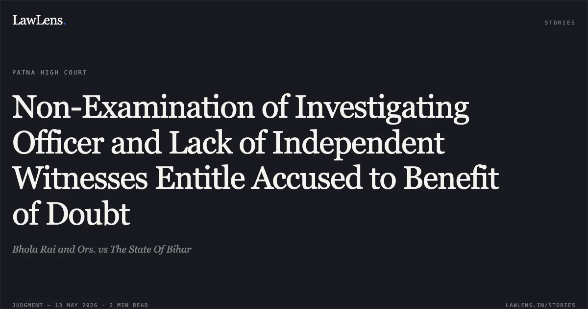 Non-Examination of Investigating Officer and Lack of Independent Witnesses Entitle Accused to Benefit of Doubt. Bhola Rai and Ors. vs The State Of Bihar. Patna High Court. LawLens