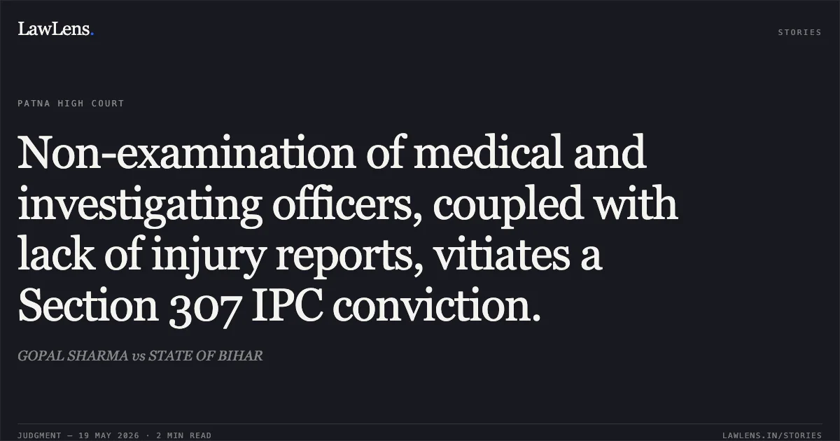 Non-examination of medical and investigating officers, coupled with lack of injury reports, vitiates a Section 307 IPC conviction.. GOPAL SHARMA vs STATE OF BIHAR. Patna High Court. LawLens