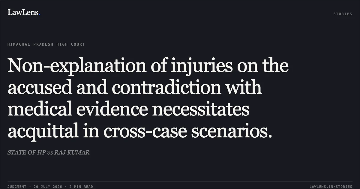 Non-explanation of injuries on the accused and contradiction with medical evidence necessitates acquittal in cross-case scenarios.. STATE OF HP vs RAJ KUMAR. High Court of Himachal Pradesh. LawLens
