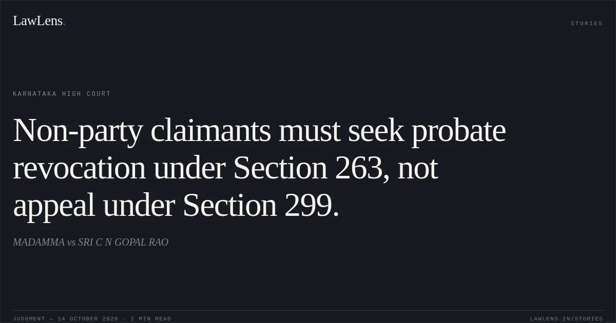 Non-party claimants must seek probate revocation under Section 263, not appeal under Section 299.. MADAMMA vs SRI C N GOPAL RAO. Karnataka High Court. LawLens
