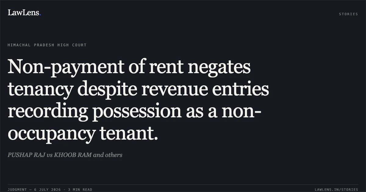 Non-payment of rent negates tenancy despite revenue entries recording possession as a non-occupancy tenant.. PUSHAP RAJ vs KHOOB RAM and others. High Court of Himachal Pradesh. LawLens