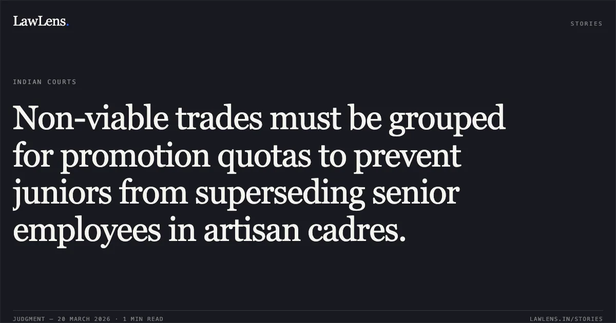 Non-viable trades must be grouped for promotion quotas to prevent juniors from superseding senior employees in artisan cadres.. SUNDARA DEVI vs M/o Defence. Central Administrative Tribunal. LawLens