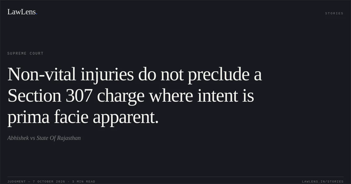 Non-vital injuries do not preclude a Section 307 charge where intent is prima facie apparent.. Abhishek vs State Of Rajasthan. Supreme Court. LawLens