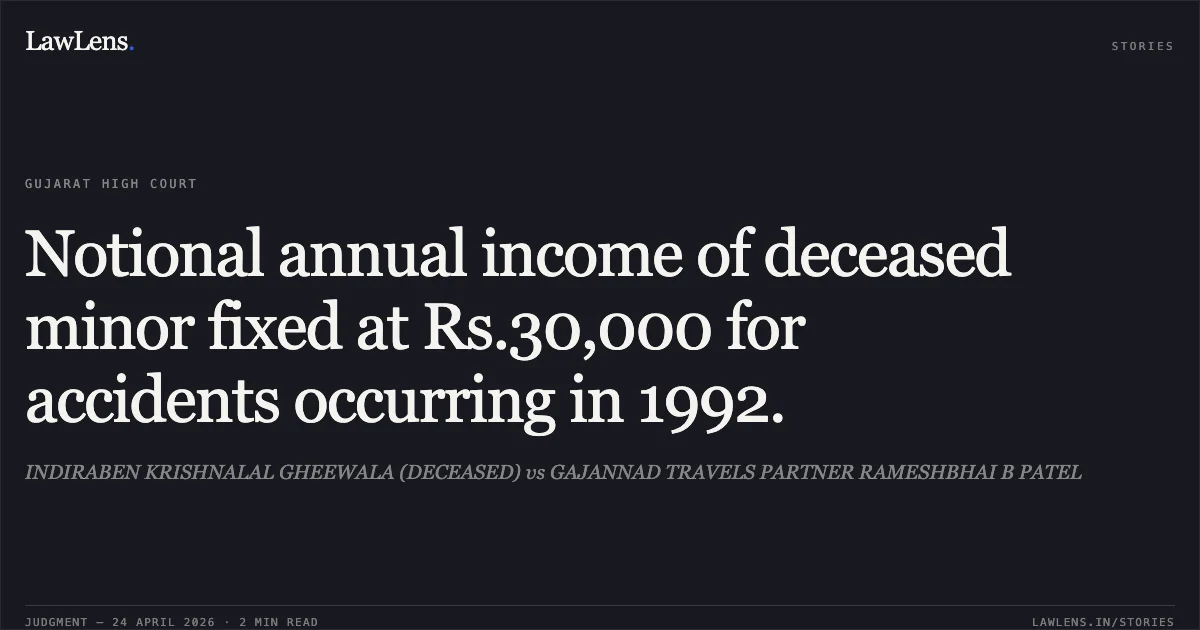 Notional annual income of deceased minor fixed at Rs.30,000 for accidents occurring in 1992.. INDIRABEN KRISHNALAL GHEEWALA (DECEASED) vs GAJANNAD TRAVELS PARTNER RAMESHBHAI B PATEL. Gujarat High Court. LawLens