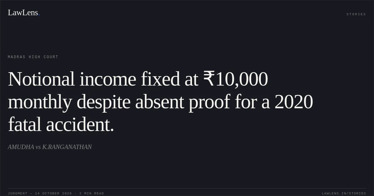 Notional income fixed at ₹10,000 monthly despite absent proof for a 2020 fatal accident.. AMUDHA vs K.RANGANATHAN. Madras High Court. LawLens