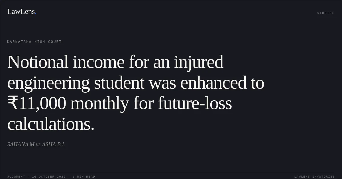 Notional income for an injured engineering student was enhanced to ₹11,000 monthly for future-loss calculations.. SAHANA M vs ASHA B L. Karnataka High Court. LawLens