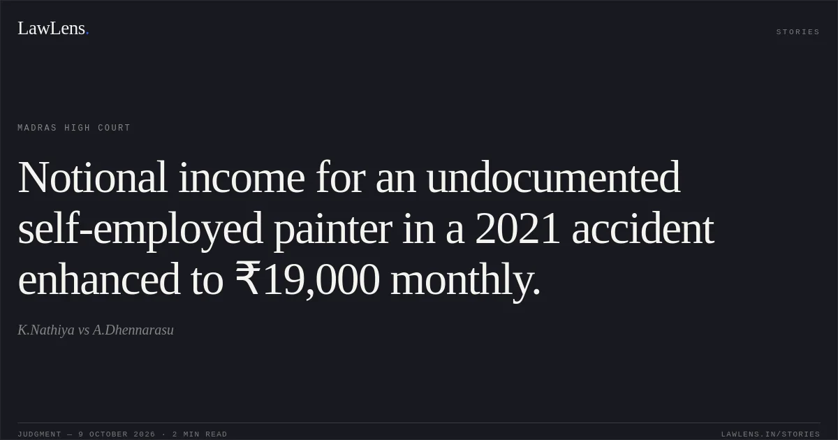 Notional income for an undocumented self-employed painter in a 2021 accident enhanced to ₹19,000 monthly.. K.Nathiya vs A.Dhennarasu. Madras High Court. LawLens