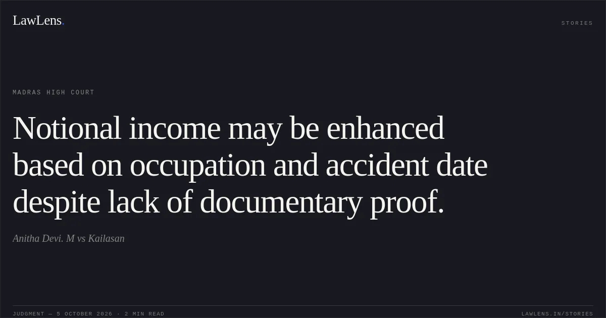 Notional income may be enhanced based on occupation and accident date despite lack of documentary proof.. Anitha Devi. M vs Kailasan. Madras High Court. LawLens