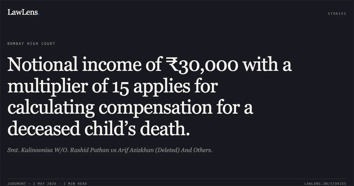 Notional income of ₹30,000 with a multiplier of 15 applies for calculating compensation for a deceased child’s death.. Smt. Kalinoonisa W/O. Rashid Pathan vs Arif Azizkhan (Deleted) And Others.. Bombay High Court. LawLens