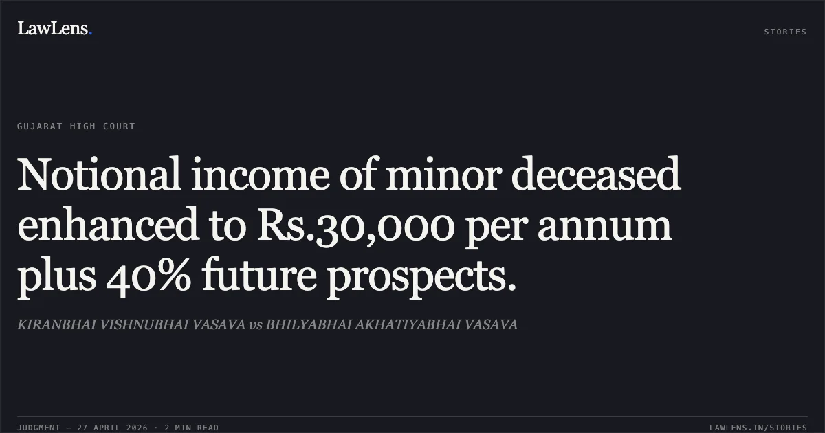 Notional income of minor deceased enhanced to Rs.30,000 per annum plus 40% future prospects.. KIRANBHAI VISHNUBHAI VASAVA vs BHILYABHAI AKHATIYABHAI VASAVA. Gujarat High Court. LawLens