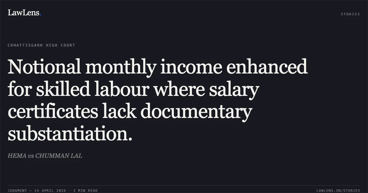 Notional monthly income enhanced for skilled labour where salary certificates lack documentary substantiation.. HEMA vs CHUMMAN LAL. Chhattisgarh High Court. LawLens